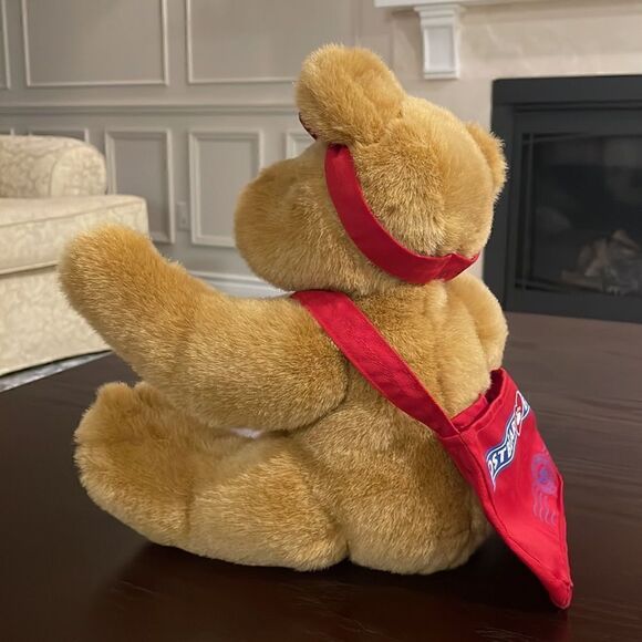 Hallmark Plush Bear Postbear Express Mail Brown Stuffed Animal Red Visor & Bag - Picture 3 of 9
